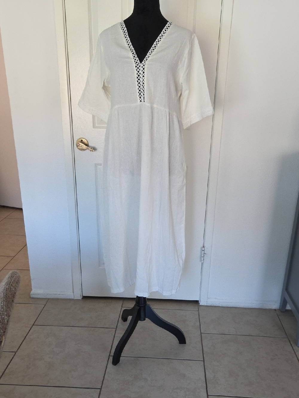 White V-Neck Crochet Trim Midi Dress